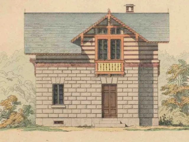 The image shows a drawing of a small house with a porch and a balcony, surrounded by trees and...