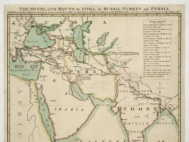 The image shows a paper with a map of the overland routes to India, Russia, Turkey, and Persia. The...