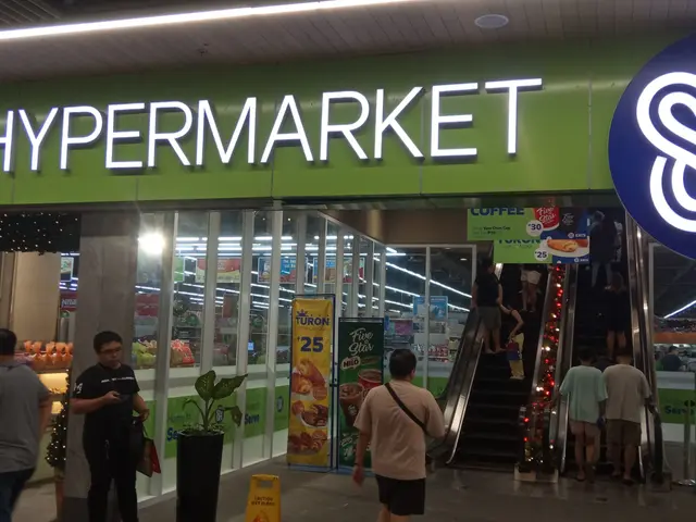 The image shows a group of people walking in front of a store with a sign that reads "SM...