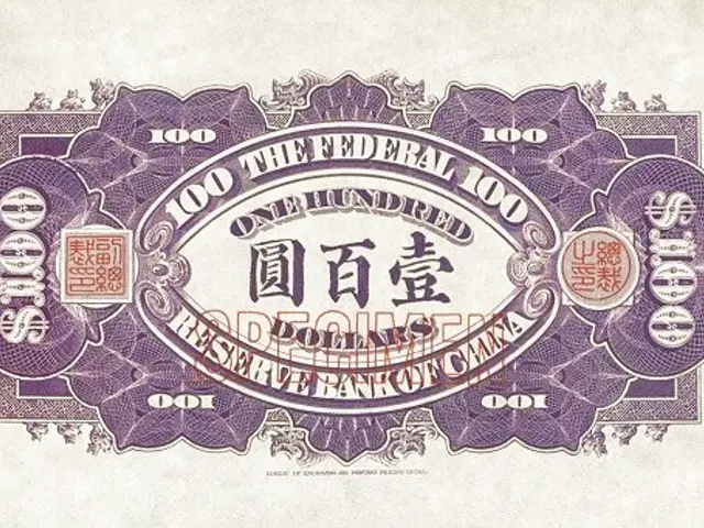The image shows a Chinese 100 Yuan banknote with Chinese writing on it. The paper has numbers and...