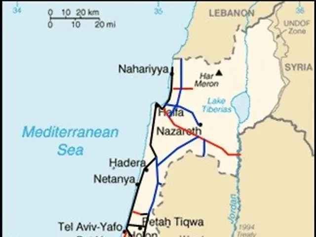 The image shows a poster with a map of Israel and Palestine, with text and lines indicating the...