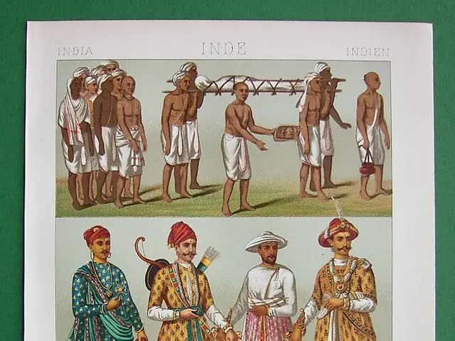 The image shows a group of men in traditional Indian clothing standing next to each other on a...