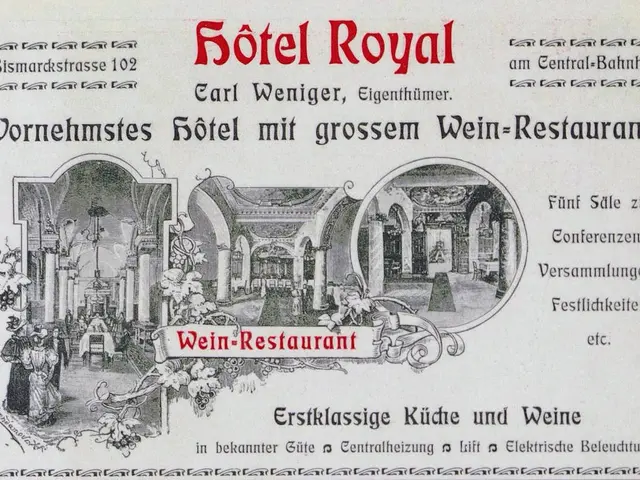The image shows an old advertisement for a hotel royal with a picture of a building in the...