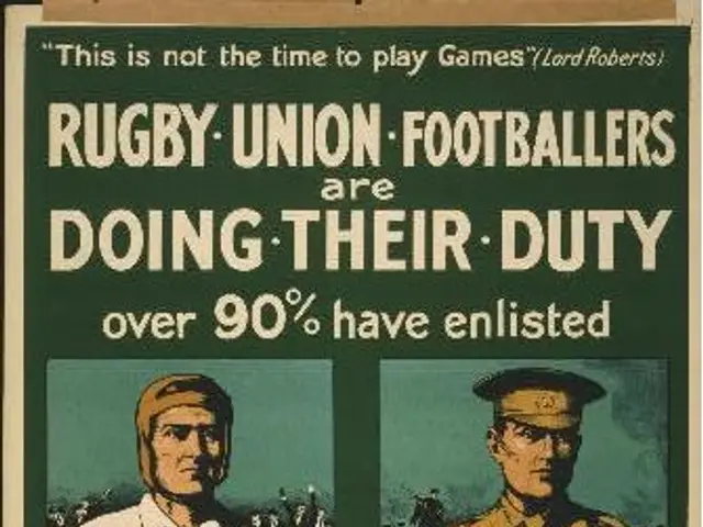 The image shows a poster with two rugby union footballers doing their duty over 90% have enlisted...
