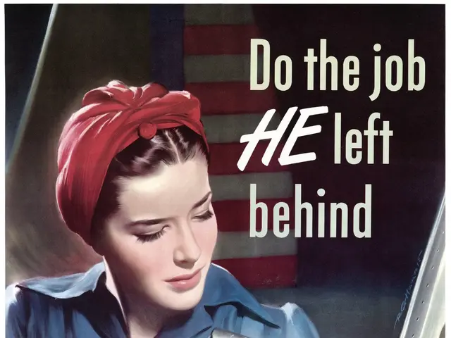 The image shows a woman wearing a blue dress and a red turban on her head, holding a drilling...