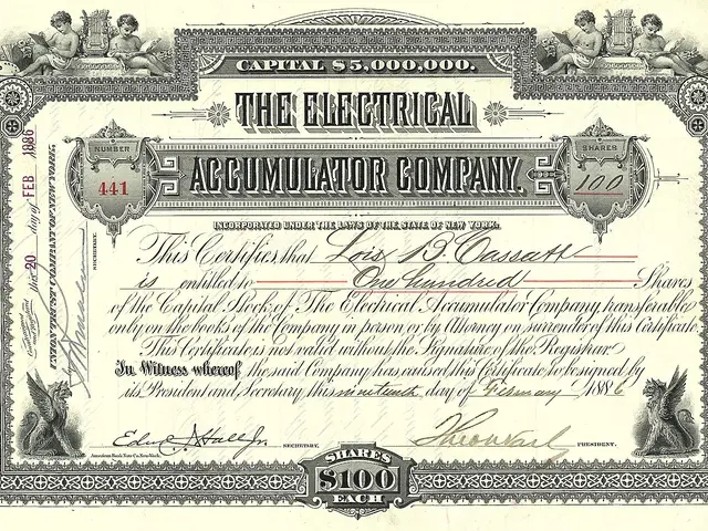 The image shows an electrical accumulator company stock certificate with text and numbers written...