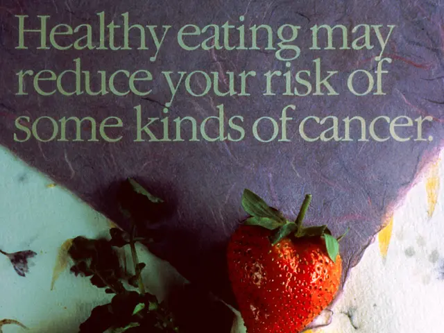 The image shows a poster with text that reads "healthy eating may reduce your risk of some kinds of...