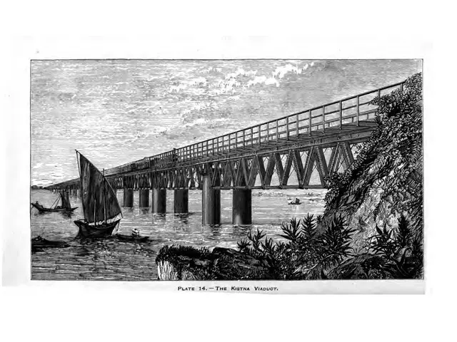 The image shows a black and white engraving of a bridge spanning a body of water, with boats in the...