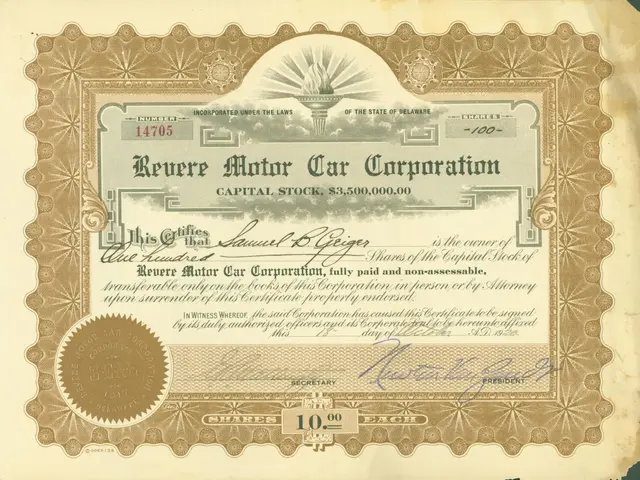 The image shows an old stock certificate from the Revere Motor Car Corporation, with text and...