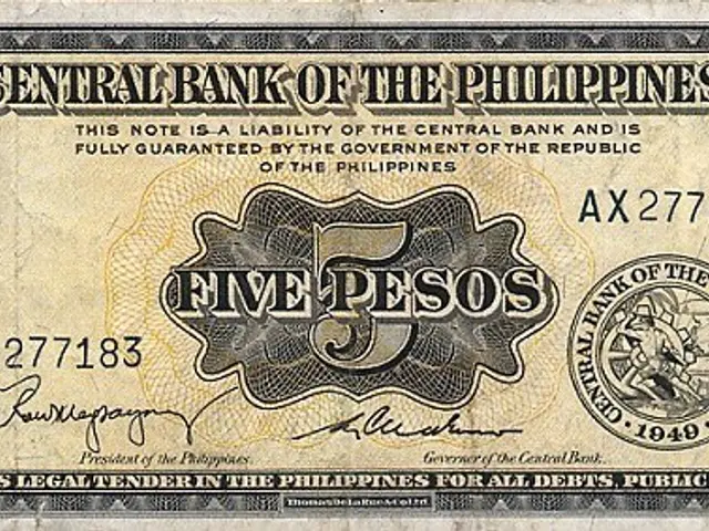 The image shows a 1949 Philippine 5 Pesos banknote with a portrait of a man on the front. The note...