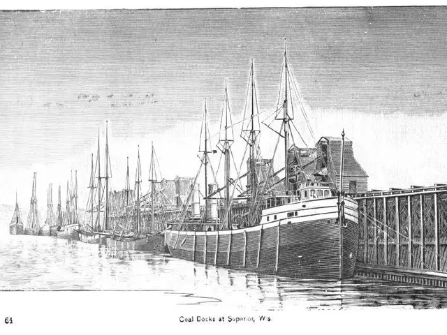 The image shows a black and white photograph of coal docks at Superior, Washington, with a few...