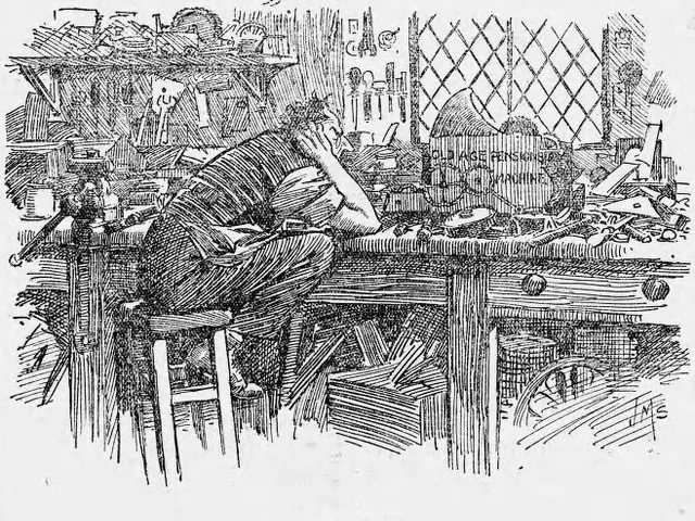 The image shows a man sitting at a desk in a workshop, surrounded by various tools and objects on...