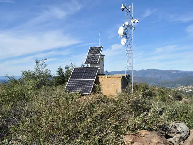 The image shows a cell tower with solar panels on top of it, surrounded by plants and rocks. In the...
