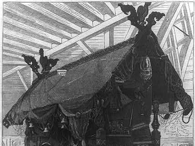 The image shows an engraving of a steam engine in a room, with a person standing to the right of...