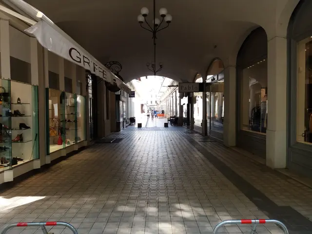 The image shows an empty shopping mall with people walking down it. On the left side of the image,...