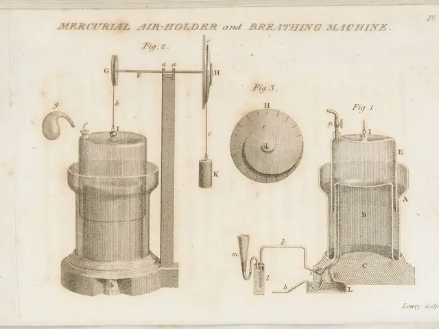 The image shows a paper with a drawing of a mercury air-holder and breathing machine on it, along...