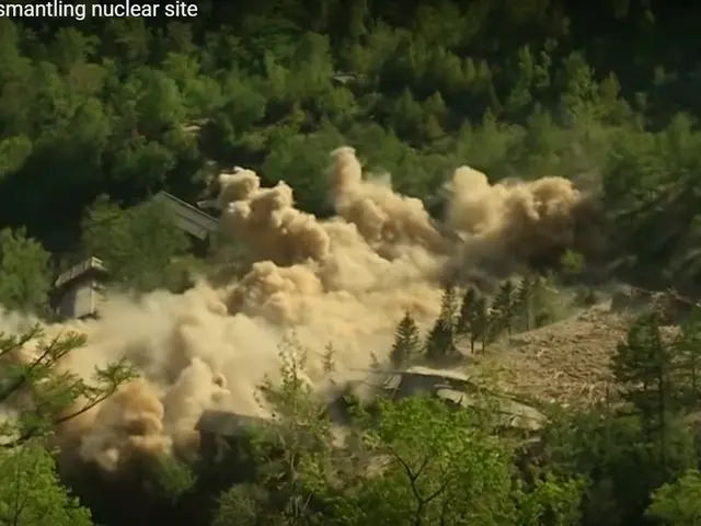 The image shows a devastating scene of a nuclear explosion in North Korea, with smoke billowing...