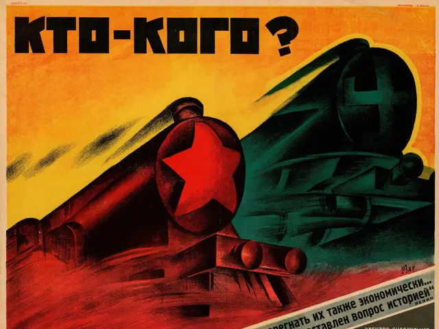 The image shows a Soviet propaganda poster with a red star on it. The poster contains text,...