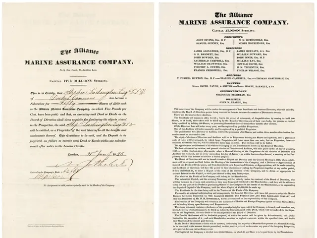 The image shows two papers with the text "The Alliance Marine Assurance Company" written on them....