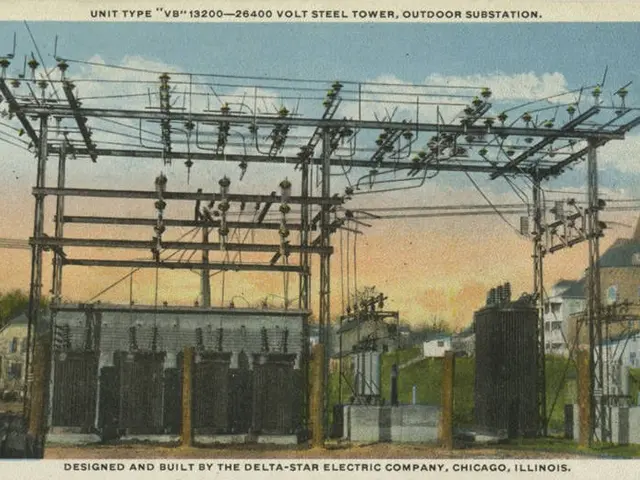 The image shows an old postcard of an electrical substation in Chicago, Illinois. It features an...
