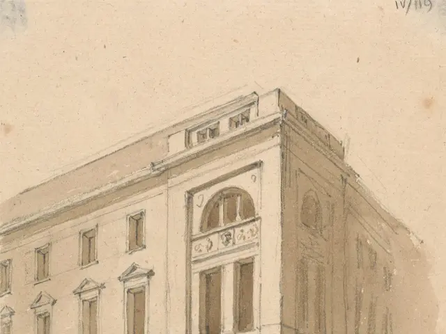 The image shows a drawing of a building with columns and a clock on the front, which is the bank of...