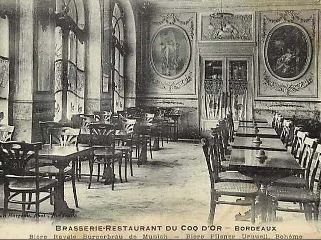 The image shows an old black and white photo of a brasserie restaurant in Coq d'or, Bordeaux,...