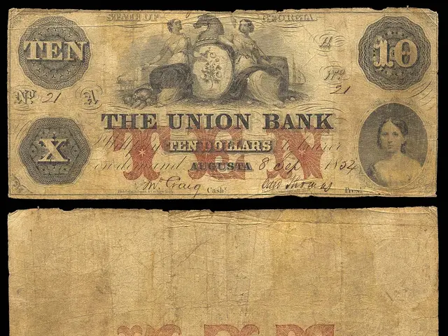 The image shows an old ten dollar bill from the Union Bank with a picture of a woman on it. The...