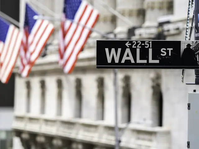 The image shows a wall street sign in front of the New York Stock Exchange, with a board attached...