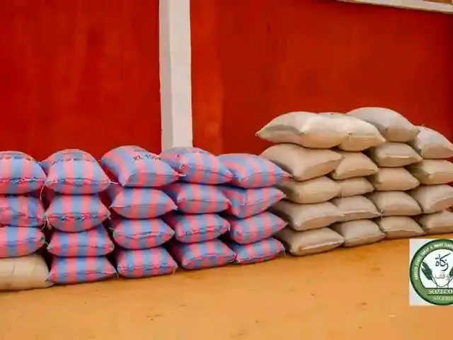 The image shows a pile of bags of rice sitting on top of a wooden floor, with a red wall in the...