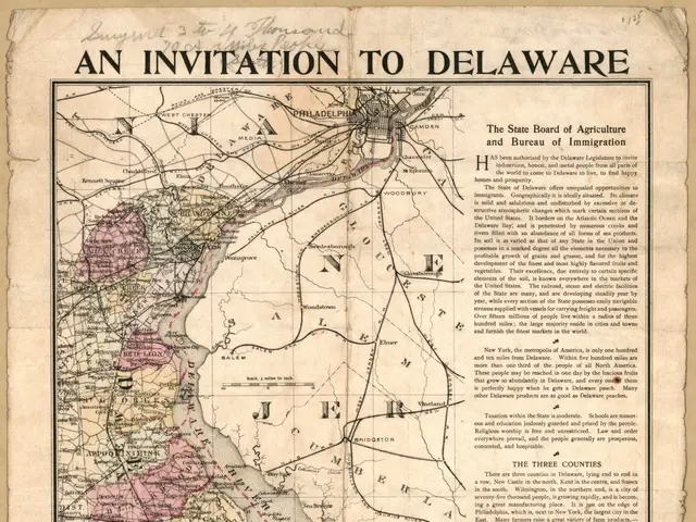 The image shows an invitation to Delaware, with a map of the state of Delaware in the center. The...