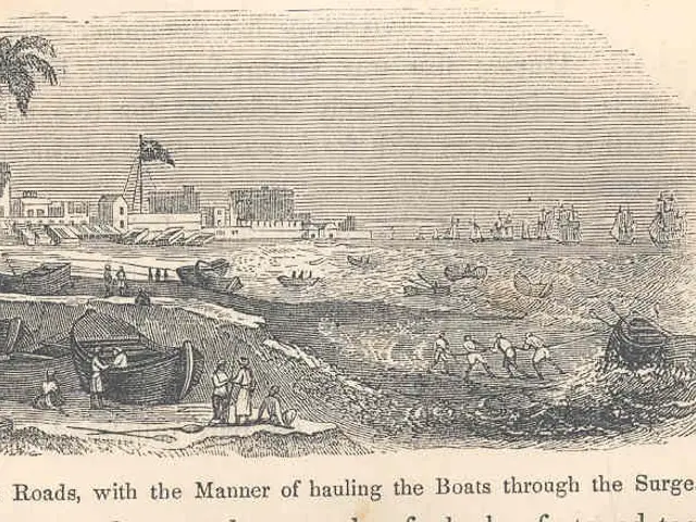 The image shows a paper with a drawing of boats in the water near a city, with people, trees,...