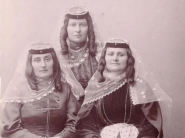 The image shows an old black and white photo of three women in traditional Russian wedding dresses,...