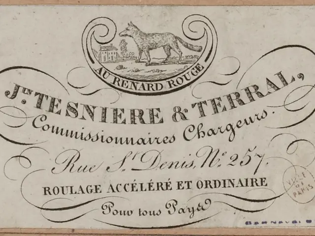The image shows an old business card with a picture of a dog on it. The card has text written on...