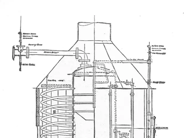The image shows a drawing of a large building with a lot of pipes and text written on it. It is a...