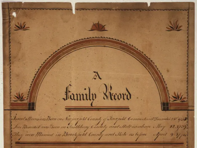 The image shows an old family record on a white background. The paper has text written on it,...