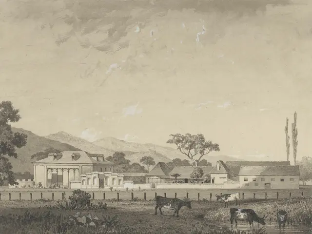 The image shows a black and white drawing of a farm with cows grazing in the foreground, surrounded...