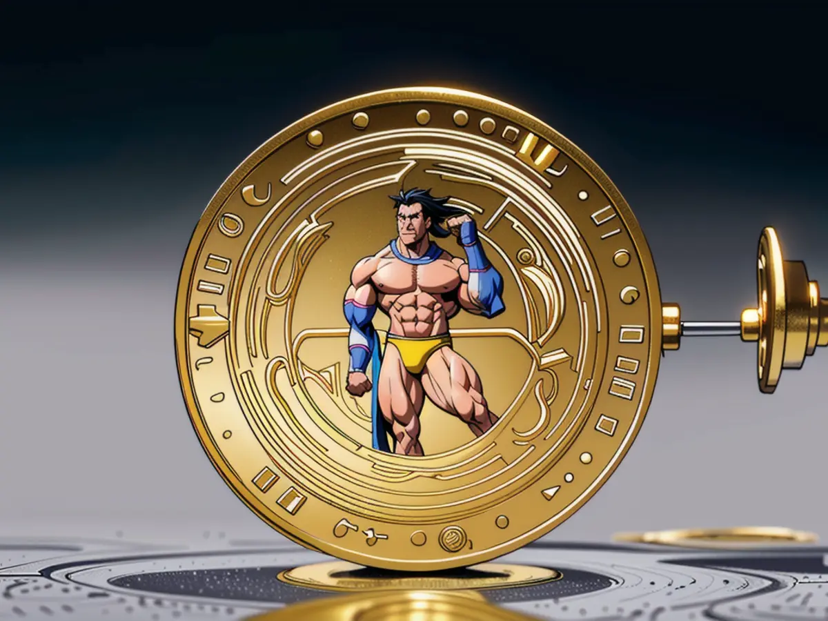 A bitcoin-emblemed gold piece of currency.