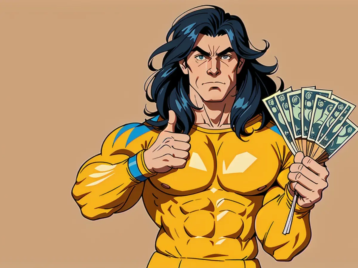 An individual waving a sign symbolizing wealth and displaying a victorious gesture with their...