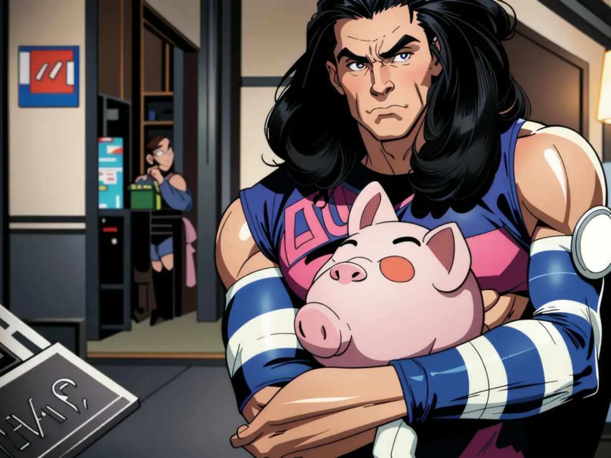 An individual embracing a money box.