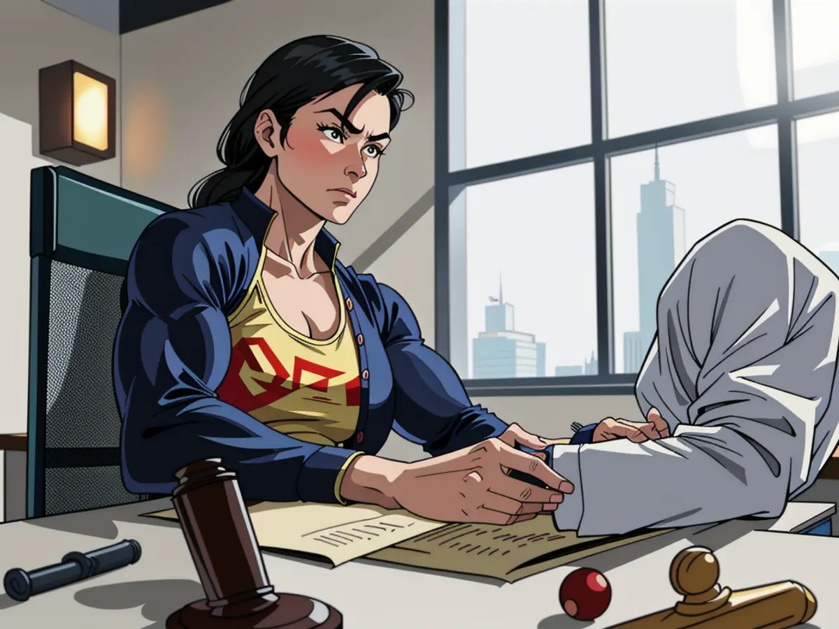 In a contemporary courtroom setting, an elegant Asian woman, serving as a lawyer, skillfully wields...