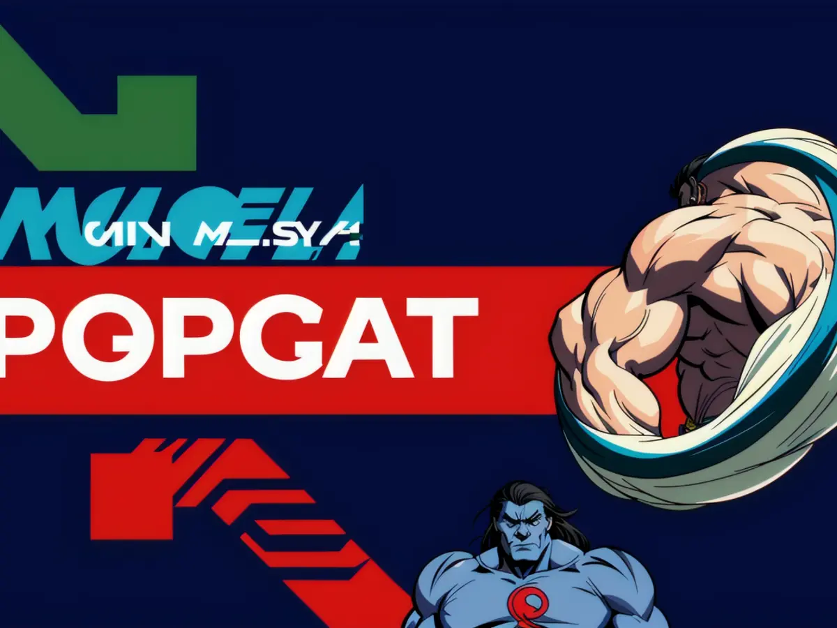 Visual depiction: Woman in red dress confronts man in power suit at political rally, chanting crowds in the background. Cryptocurrency POPCAT witnessing a significant 18.45% price upswing; forecasting a potential $3.80 peak by year-end 2025 - delve into the details here.